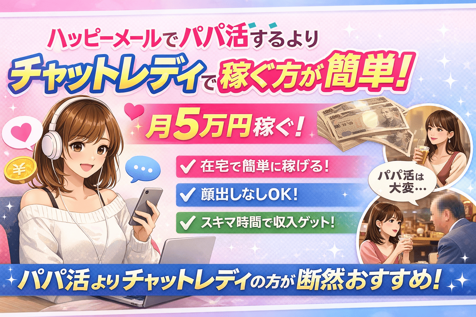 ハッピーメールでパパ活するより在宅チャットレディで稼ぐ方が簡単！月5万円稼ぐ！
